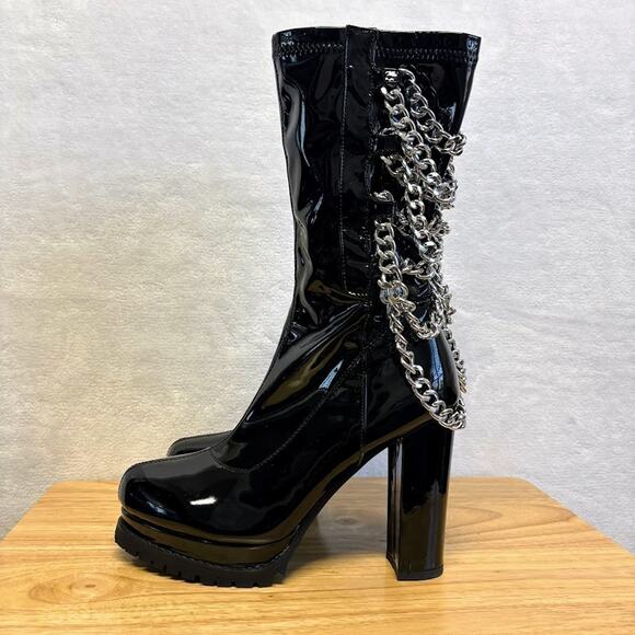 Dolls Kill Azalea Wang Black Patent Leather Silver Chain Platform Boots Size 10 - Picture 1 of 12